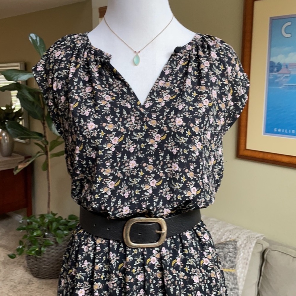 J. Crew Black Floral Midi Dress with Ruffle Hem